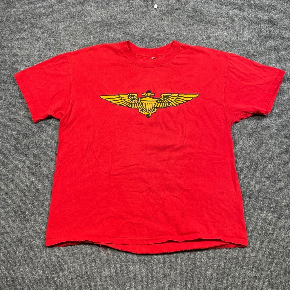 Vintage Red Naval Aviator Wings Graphic T-Shirt Single Stitch‎ Mens Large 21x26